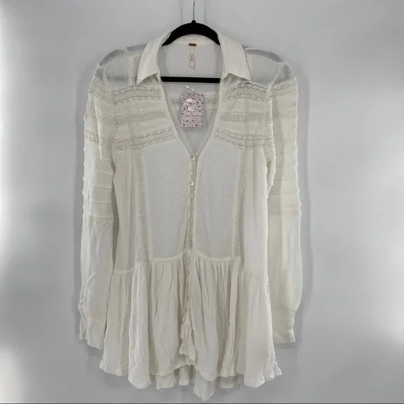 Free People NWT Set To Stun Tunic Top Long Sleeve V Neck Hi Low White Small New - Picture 2 of 7